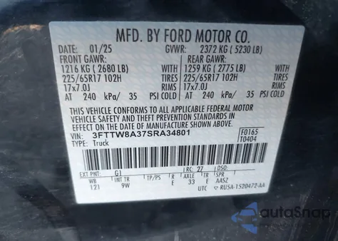 2025 Ford Maverick Xl из США, поврежденный, VIN 3FTTW8A37SRA34801